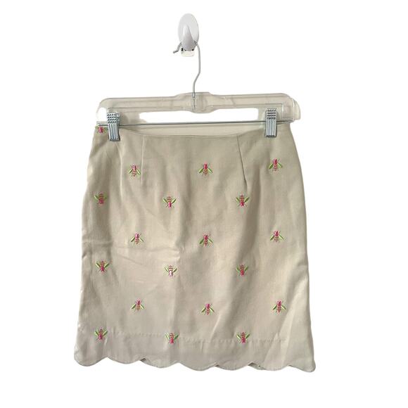 Lilly Pulitzer Vintage Scallop Bumble Bee Embroidered Skirt Tan Green Pink Sz 2 - Picture 1 of 6